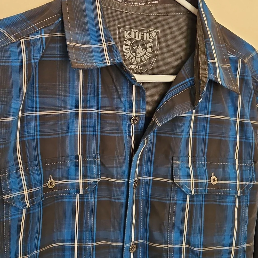 Kuhl Blue Gray White Striped Plaid Button Down Long Sleeve Collar Shirt Mens S - Picture 3 of 8